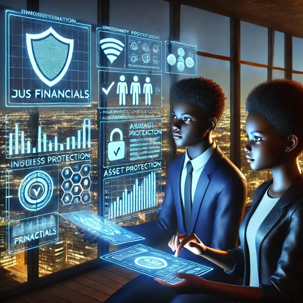 DALL·E 2025-03-22 17.19.57 - Create a high-quality animated-style promotional image for Jus Financials featuring a melanated indigenous teenage boy and girl in a futuristic high