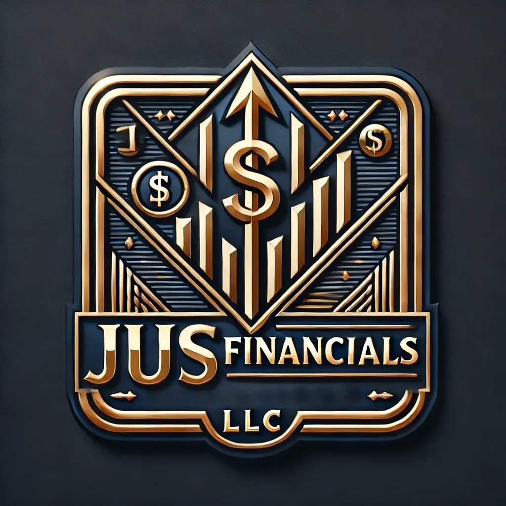 DALL·E 2025-03-22 17.20.18 - Design a striking and high-end logo for Jus Financials LLC with a luxury feel. Use a bold navy blue background with metallic gold elements. Include 