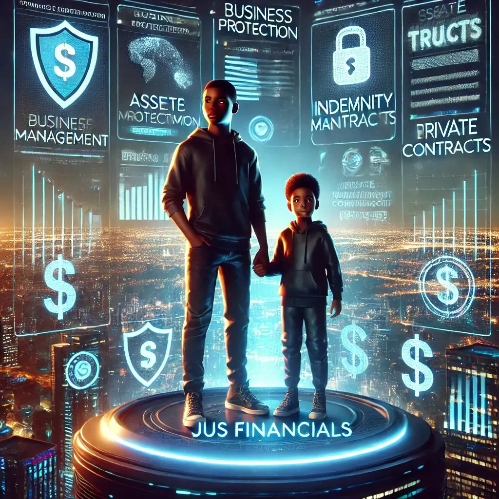 DALL·E 2025-04-07 21.57.31 - A highly detailed, cinematic promotional poster for Jus Financials. Featuring a melanated indigenous teenage boy and girl standing in a high-rise of